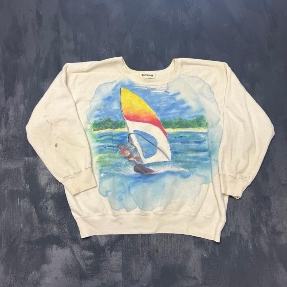 Vintage Gap Sweatshirt Mens XL White 1980s Sailing Painting